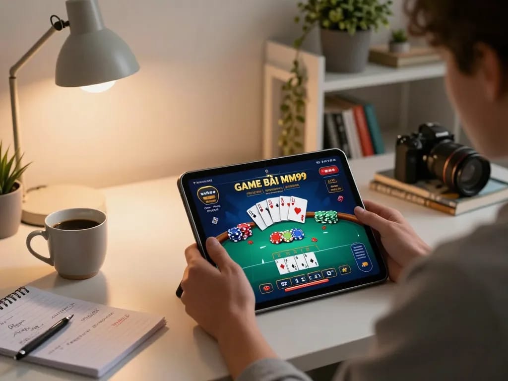 Engaging with GAME BÀI MM99 through a tablet while enjoying a cozy home setup and strategic notes.