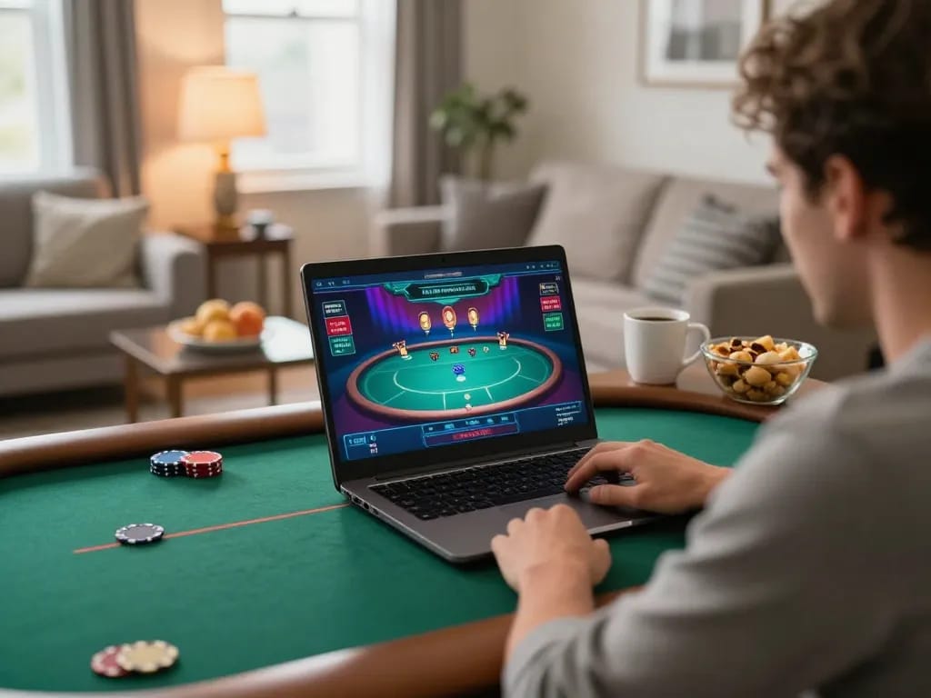 Player enjoying GO88 poker on a laptop in a cozy home setting, showcasing vibrant graphics and strategic gameplay.