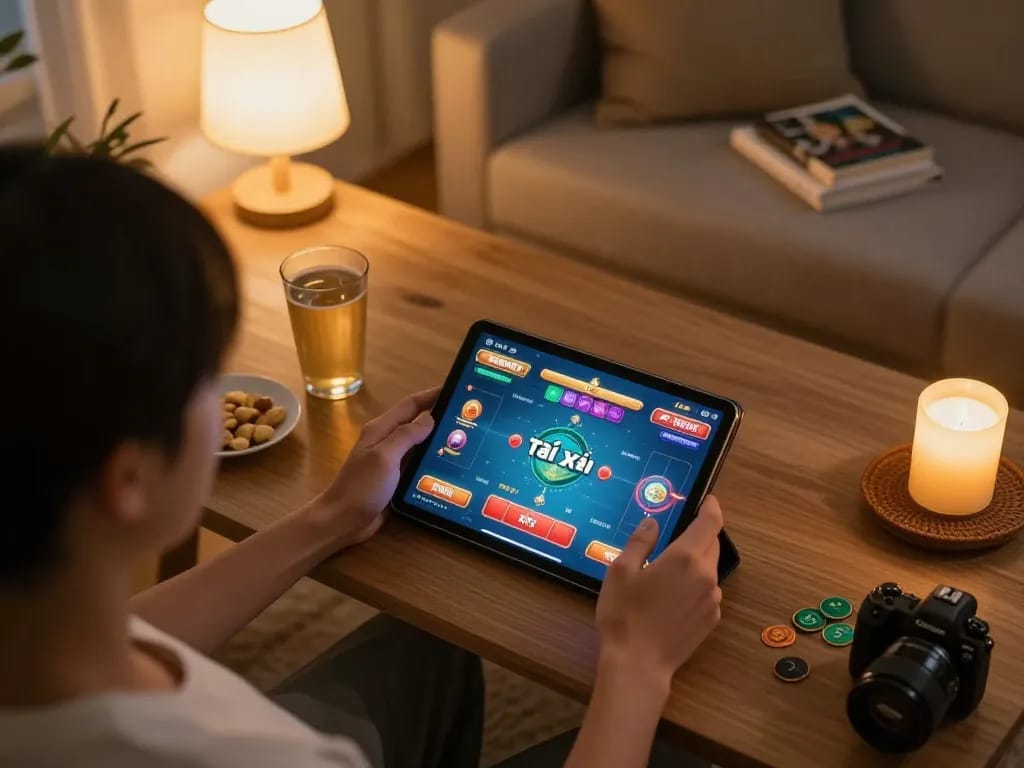 Tài xỉu online gameplay in a cozy home setting with a player engaged in the game.