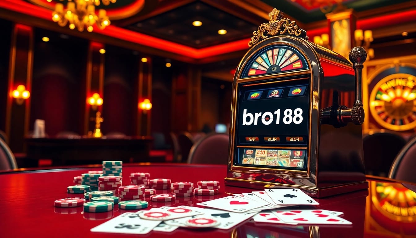 Experience the excitement of bro138 with vibrant slot machines and poker chips in a luxury casino setting.