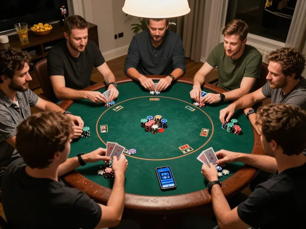 Pemain terlibat dalam permainan poker yang mendebarkan di rumah sambil memeriksa Kenzototo untuk strategi taruhan.