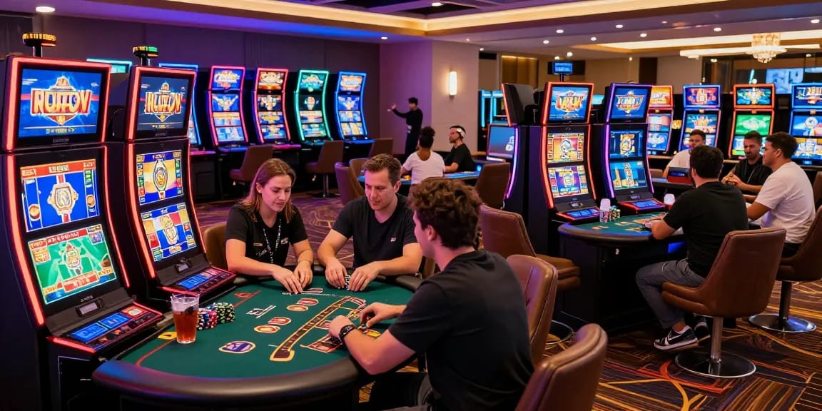 Exciting gaming atmosphere at credit card casinos for UK players on https://being-there.org.uk, featuring diverse players and vibrant digital screens.