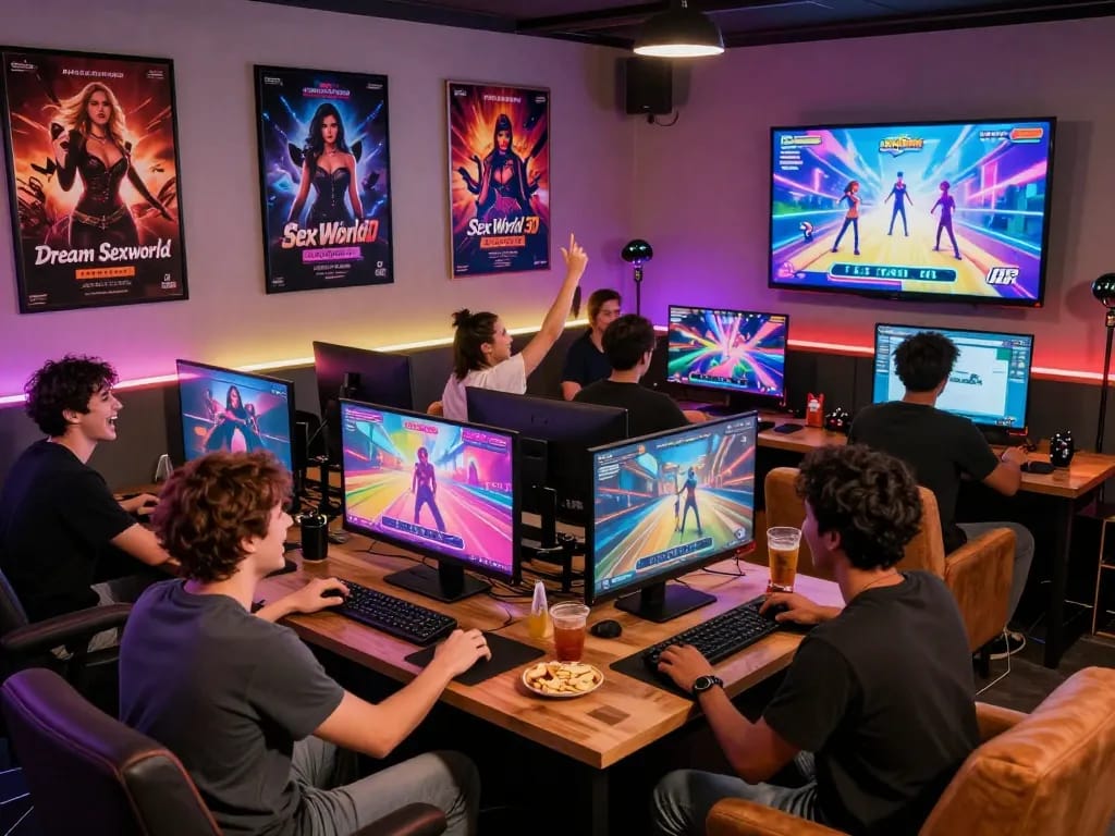 Friends enjoying free adult games in a vibrant gaming lounge with interactive sex game graphics.