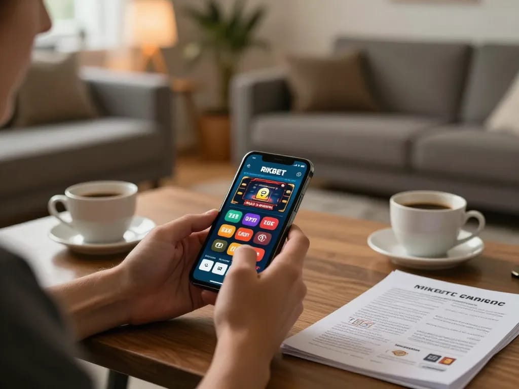 Engaging gaming experience at https://rikbet.global/ with a smartphone displaying casino app and strategy notes.