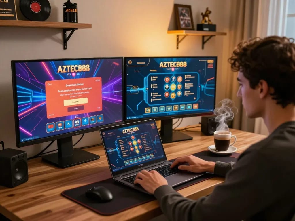 Engaged player using AZTEC888 for an exciting online gaming experience, showcasing a modern setup.