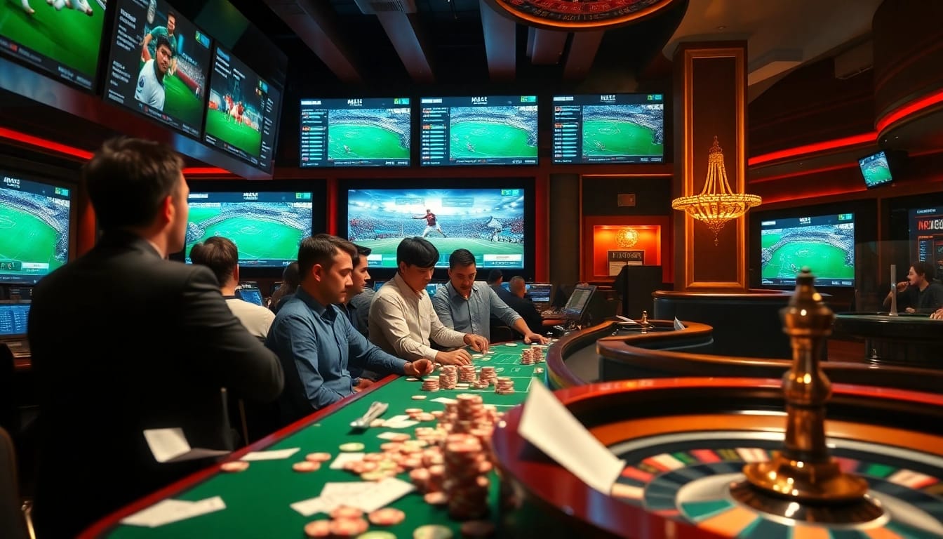 Engaging scene showcasing เทคนิคแทงบอล strategies in action at a vibrant sports betting area.