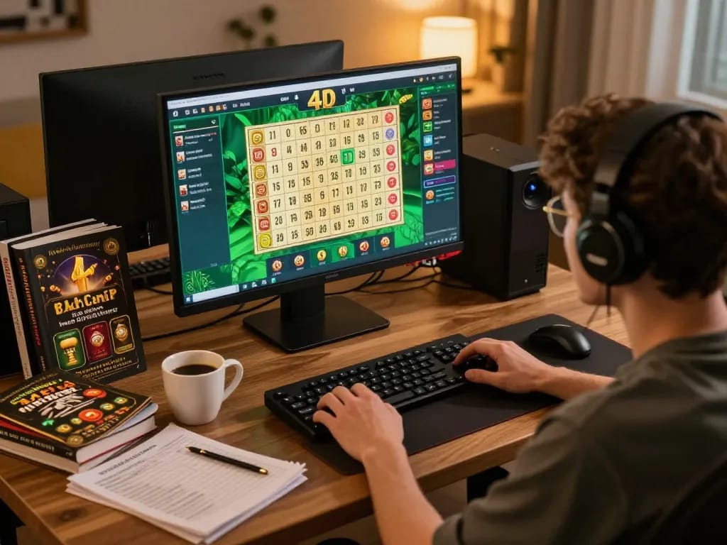 Engaged player analyzing toto 4d lottery results on a sleek gaming setup.