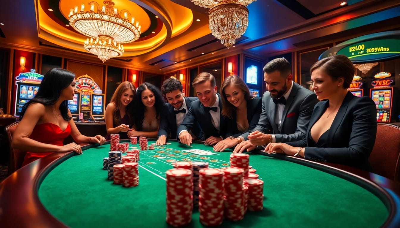 Experience high-stakes gambling thrills at https://789wins1.net/ with vibrant casino tables and players celebrating wins.
