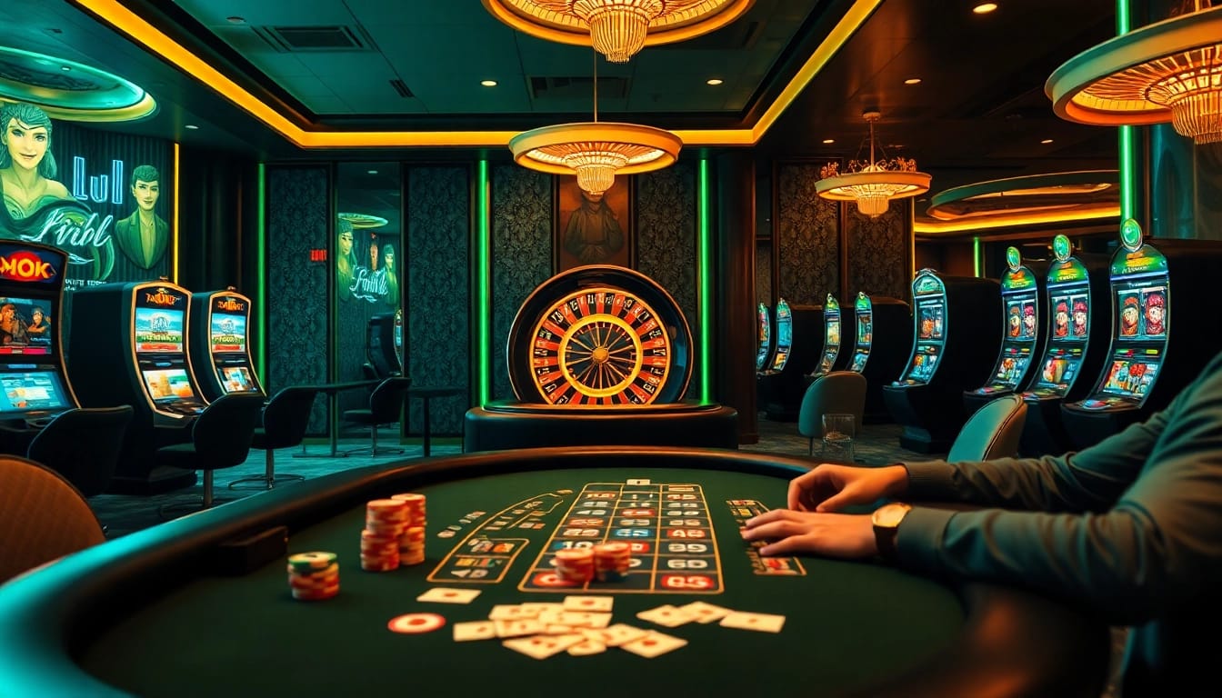 MK8 players strategizing at a high-stakes poker table in an upscale casino.