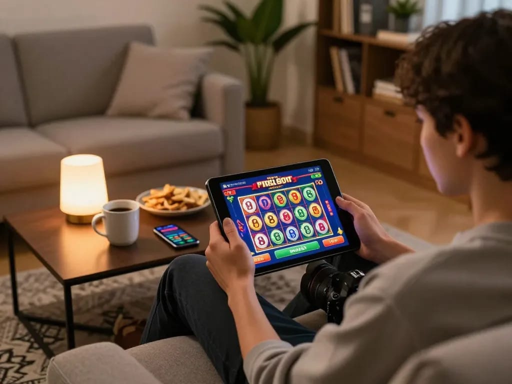 Memainkan Demo Slot PG Soft Mahjong di tablet dalam suasana ruang tamu yang nyaman, menggambarkan perjudian online.