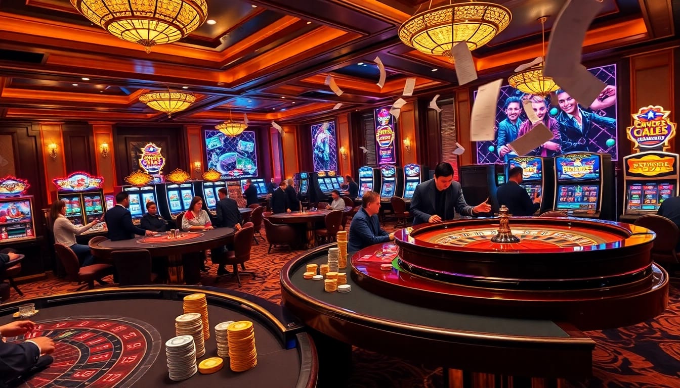 Experience excitement with thabet in a vibrant casino scene featuring dazzling tables and engaged players.
