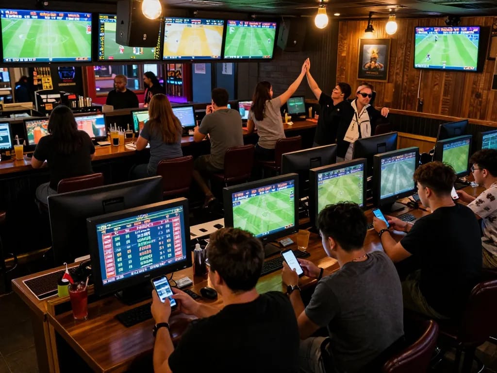 Engaged patrons reviewing tỷ lệ kèo nhà cái in an exciting sports betting environment