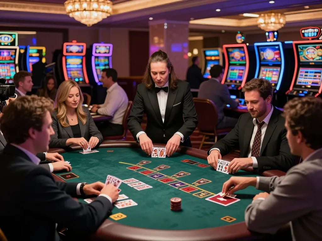 lsa players enjoying an exciting game of blackjack in a stylish casino environment