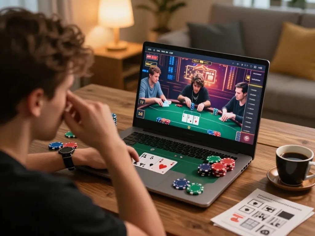 Player immersed in an online poker game at home, focusing on ok365's strategic interface.