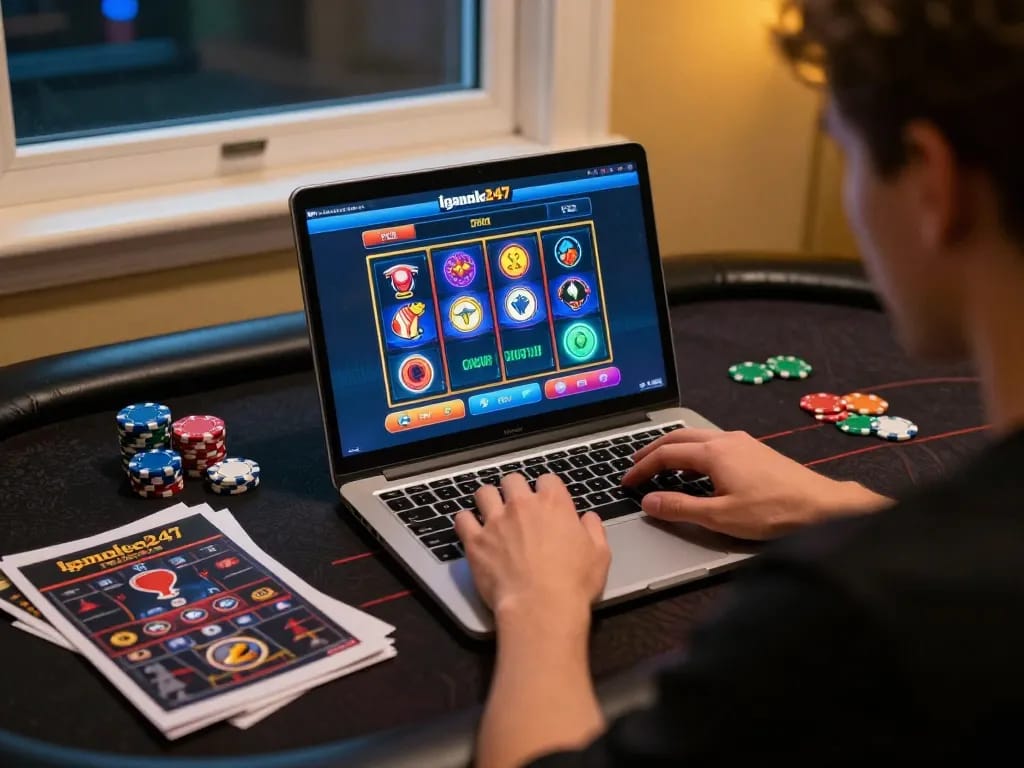 Engaging gameplay on Igamble247 Slot shown on a laptop surrounded by strategy notes.