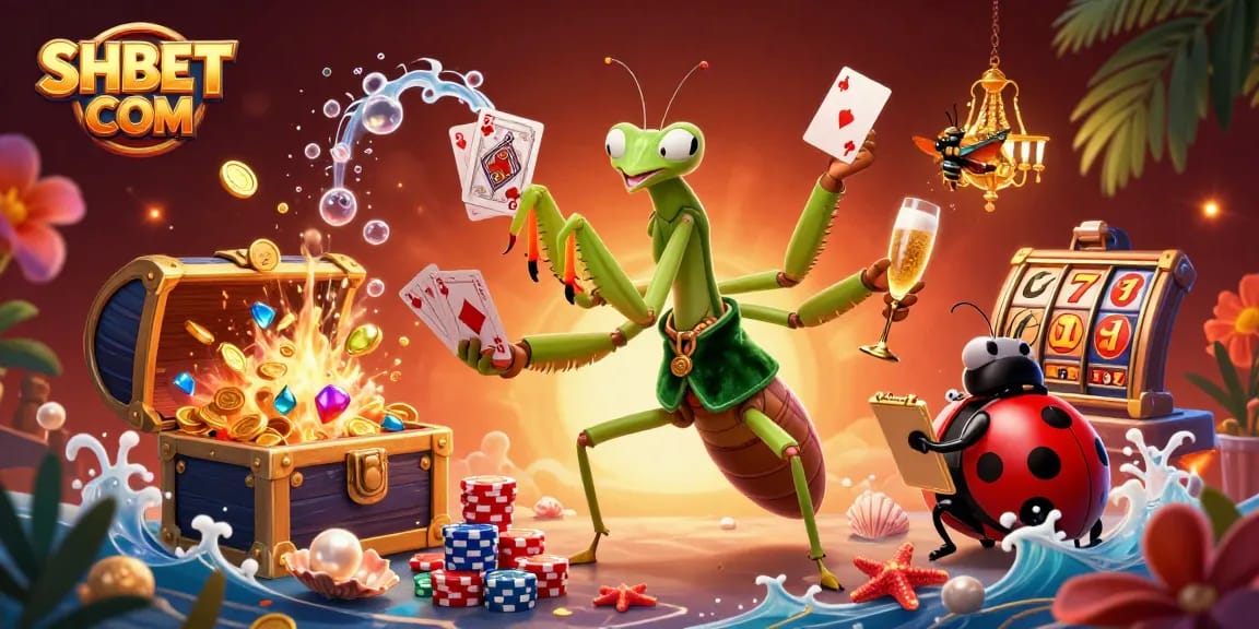 Experience exciting gaming at SHBET COM with a colorful, dynamic illustration showcasing casino elements and characters.
