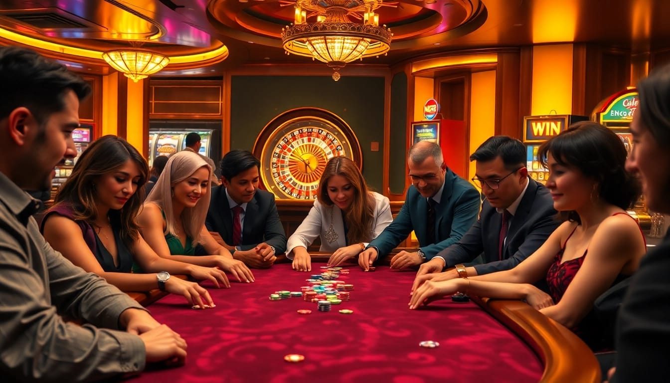A diverse group of gamblers playing poker at a luxurious casino table, showcasing the excitement of nh88 with colorful chips and a roulette wheel.