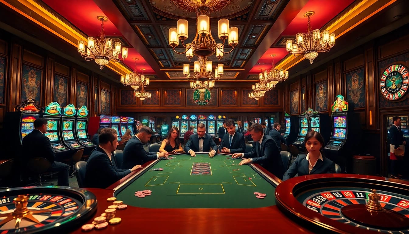 Engaging gamblers at a luxurious casino featuring vibrant slots and a poker table, illustrating the essence of 88i.