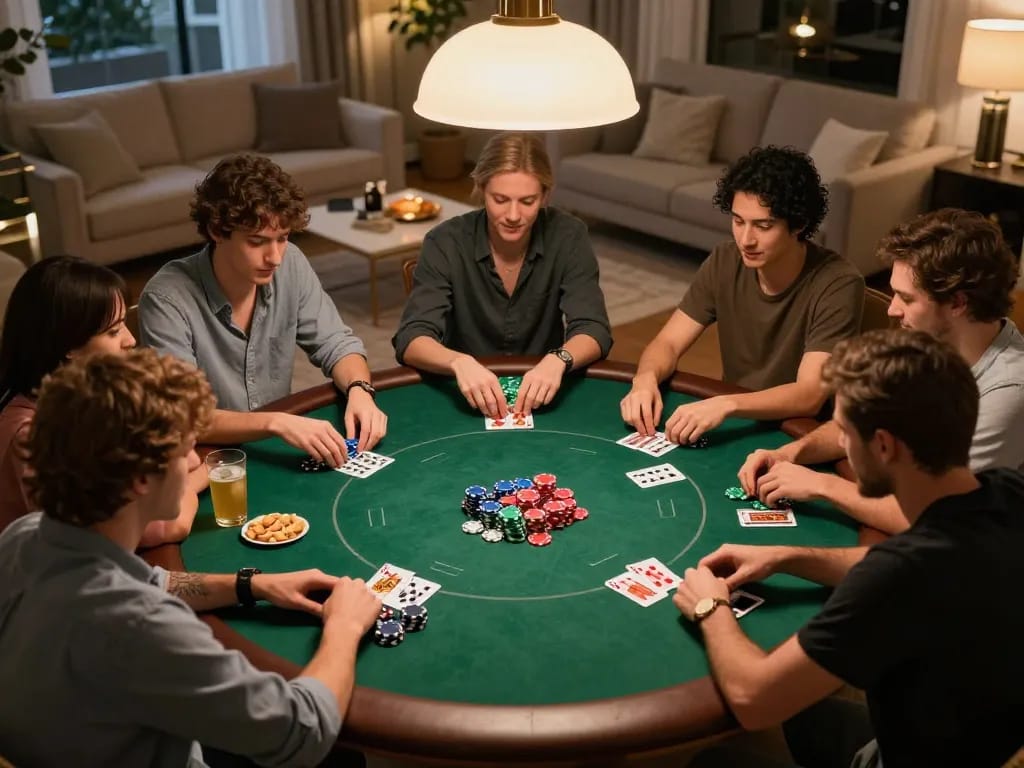 Engaging scene of friends playing đánh đề online poker at home, colorful chips and cards featured.