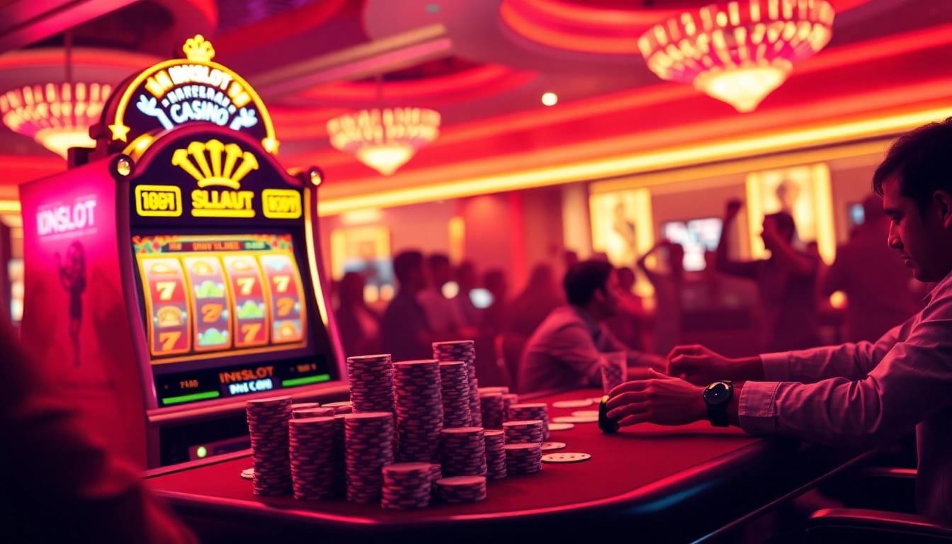 Experience IDNSLOT gaming excitement with vibrant visuals of winning slot machines and poker chips.