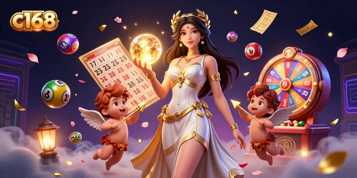 Engage with c168's thrilling lottery experience featuring vibrant elements and a dynamic goddess character.