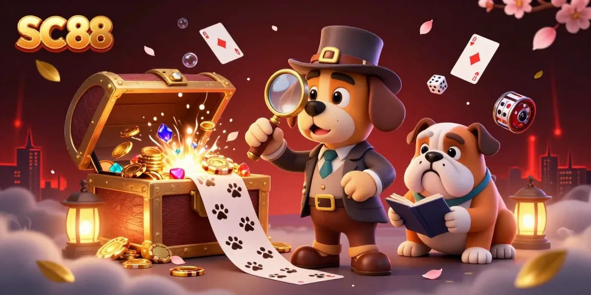 Play and win with SC 88 as the detective and bulldog uncover treasure in a vibrant casino.