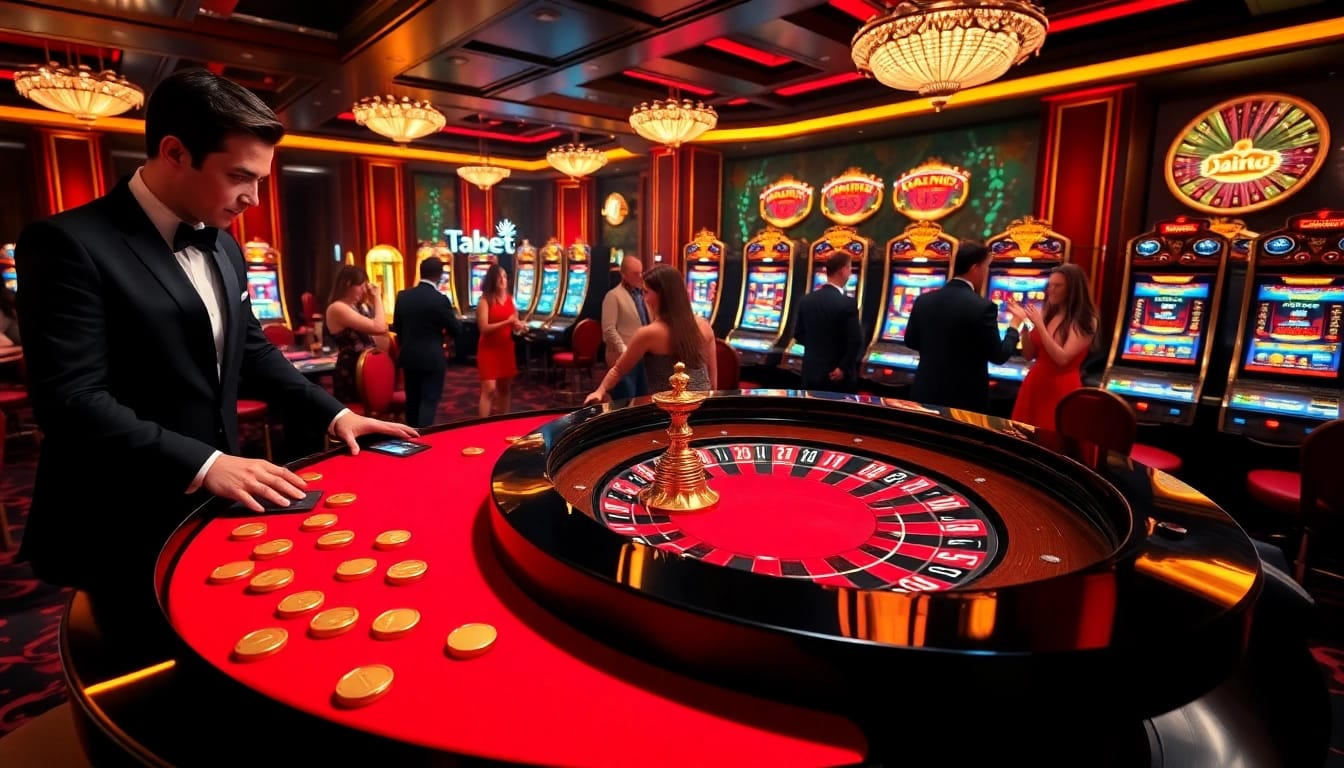 Players enjoy exciting games at a luxurious casino table featuring tabet-themed visuals and vibrant excitement.