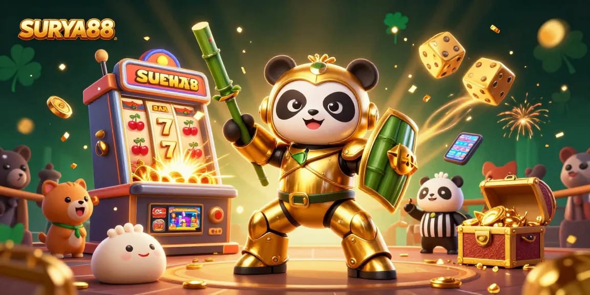 SURYA88 slots-themed 3D illustration showcasing a golden panda in a mechanized casino arena, filled with vibrant gaming elements.
