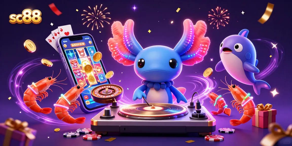 Join the energetic scene at sc88 with an axolotl DJ, shrimp dancers, and a hype-man in a vibrant casino celebration.