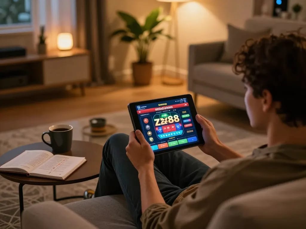 Engaging with the zx88 online casino app at home, showcasing strategic gameplay.