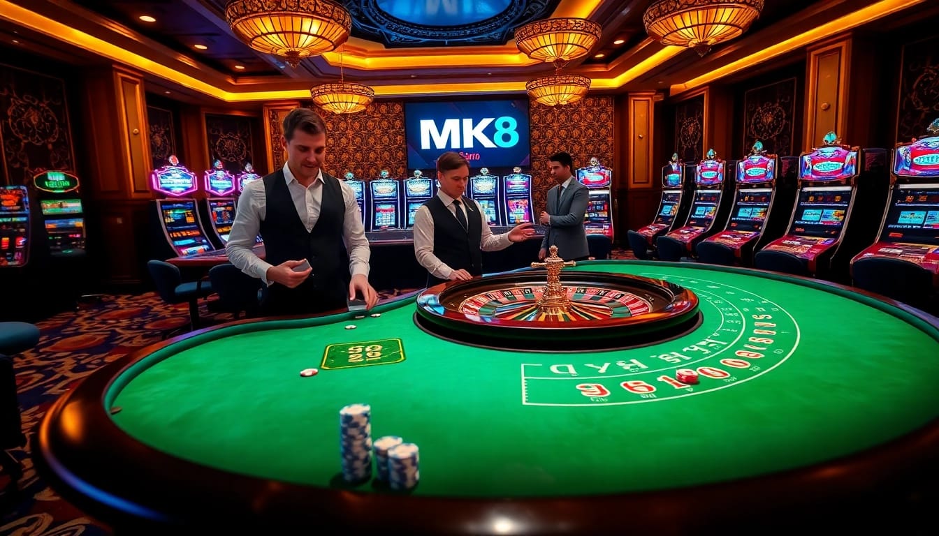 Experience the thrill of winning with MK8 at a luxurious casino setting with vibrant gaming elements.