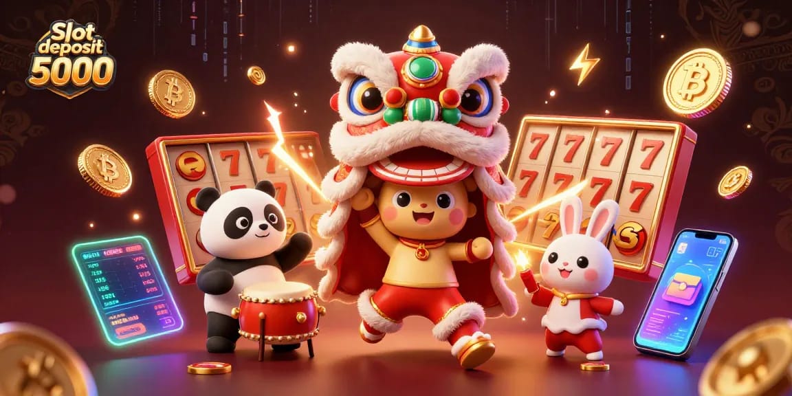 Engage with Slot deposit 5000 offering a vibrant 3D illustration of a festive lion dance and colorful casino elements.