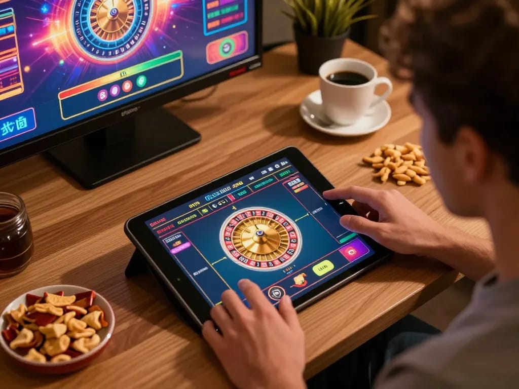 Player enjoying net88's online casino roulette on tablet in a cozy home setting.