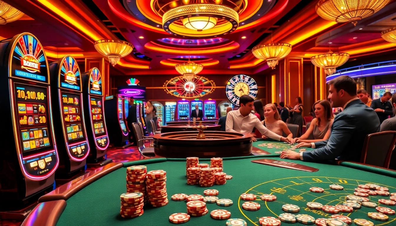 Crown88 players enjoying high-stakes poker and vibrant slot machines in an upscale casino.