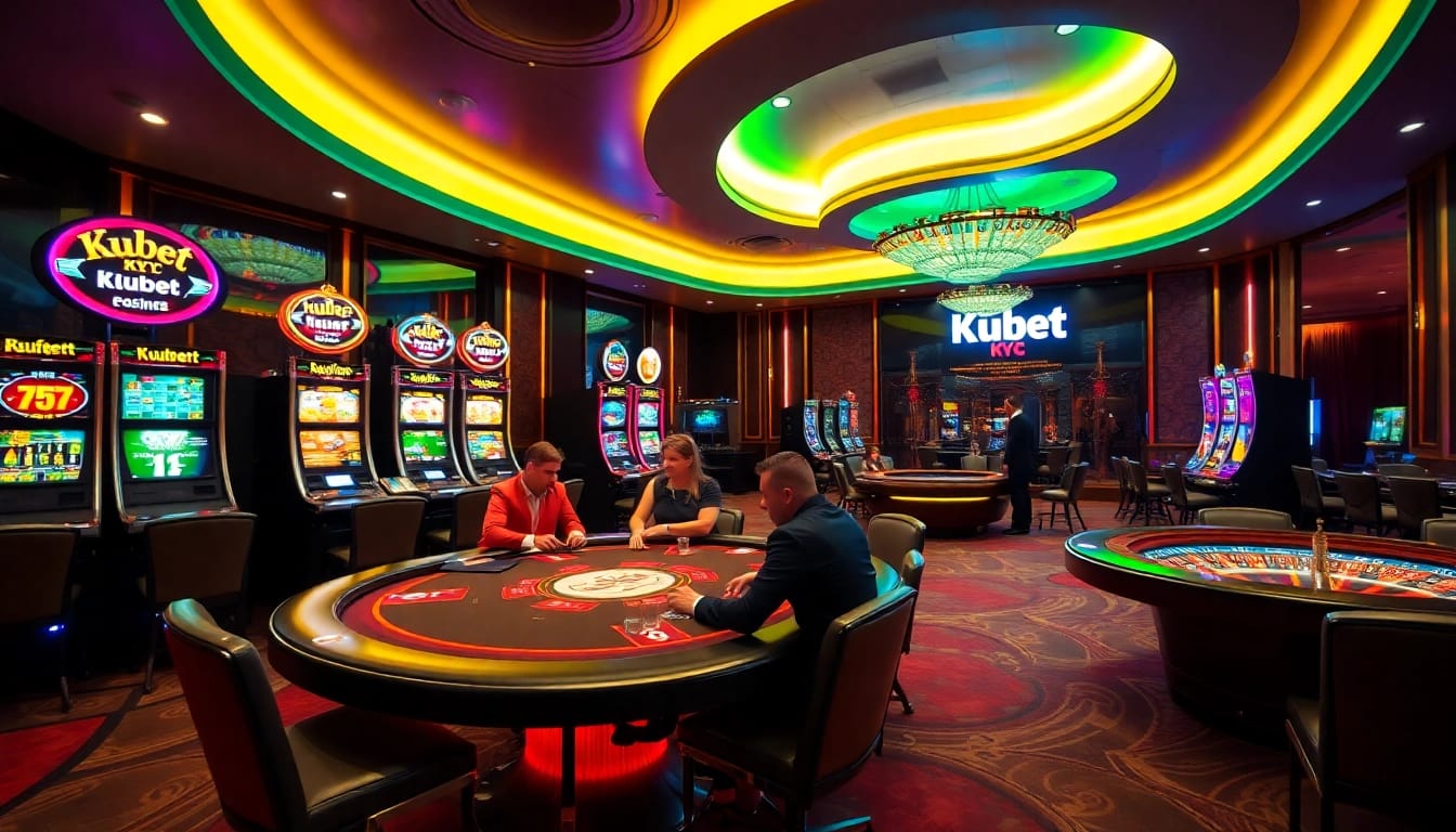 Kubet KYC branding in a luxurious casino scene showcasing a poker game, slot machines, and a roulette wheel.