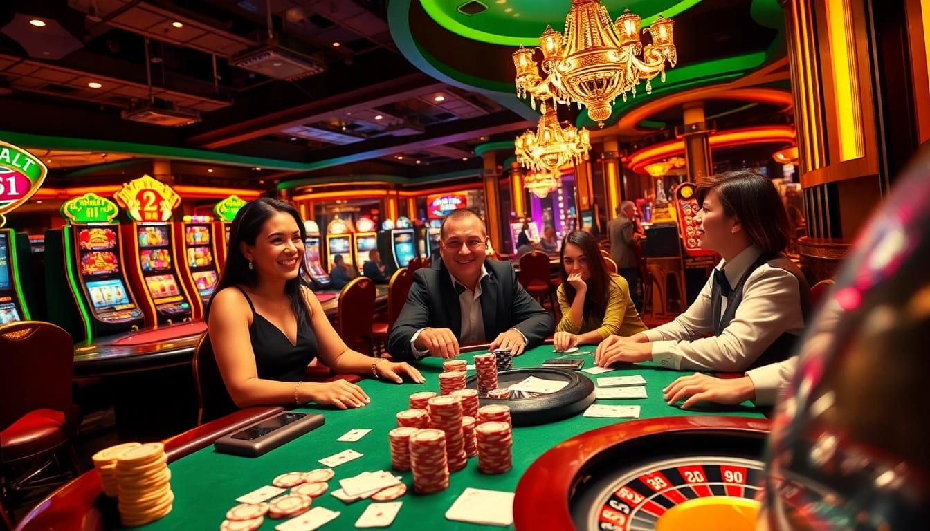 Engaging casino scene at https://c168.ltd/ showcasing players in poker games with vibrant slot machines.