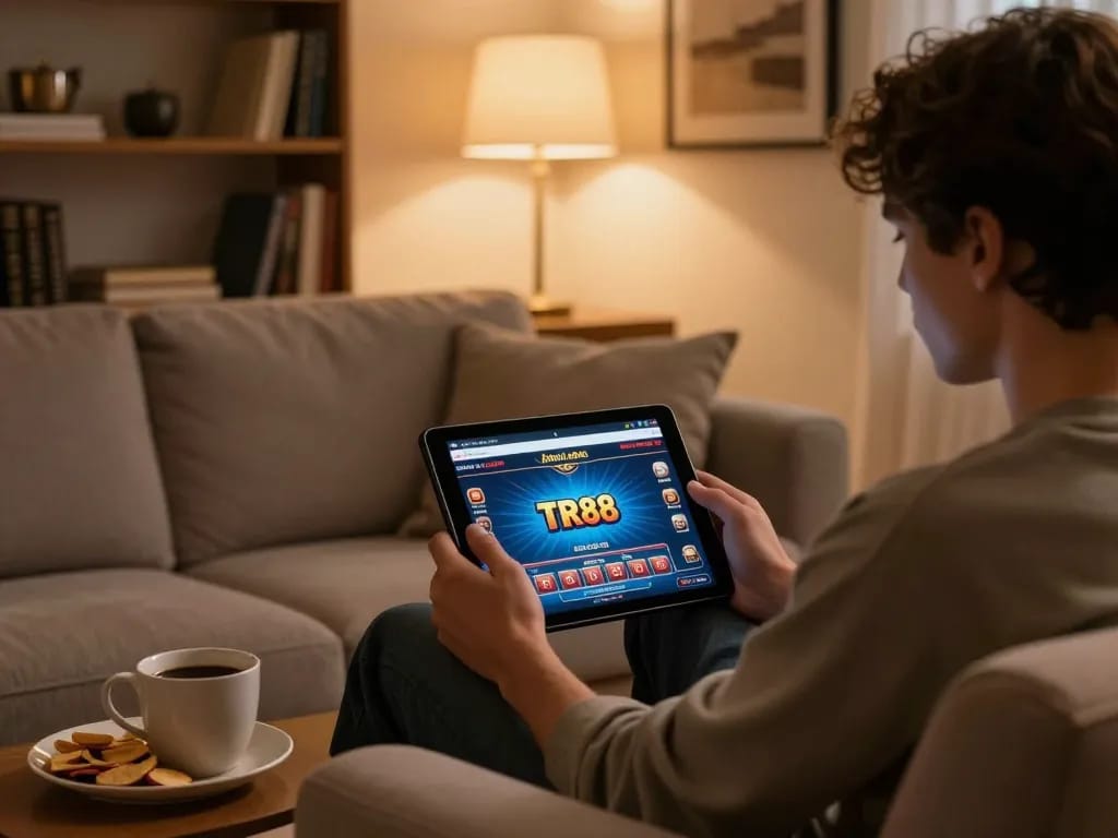 Player engaging with TR88 online casino app from a stylish home setup featuring a comfy couch.