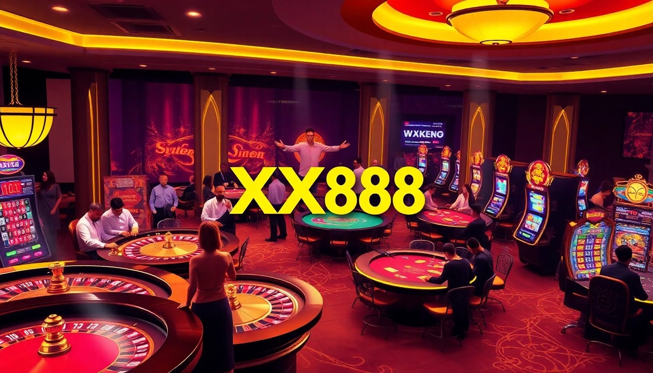 Attendees enjoy an exciting gambling experience at the XX88 casino, featuring poker tables and roulette wheels.