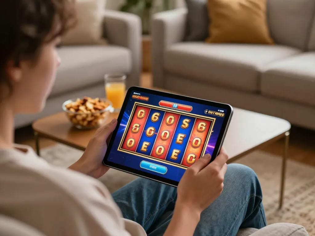 Engaging scene of a player enjoying slot online game on a tablet in a cozy living room.