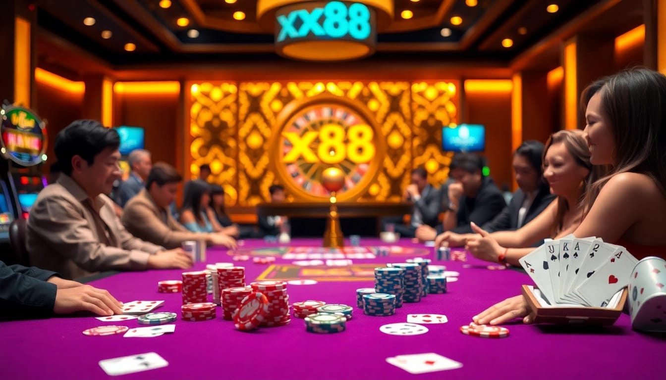 Experience the thrill of xx88 game with vibrant tables and engaging gameplay in an elegant casino setting.