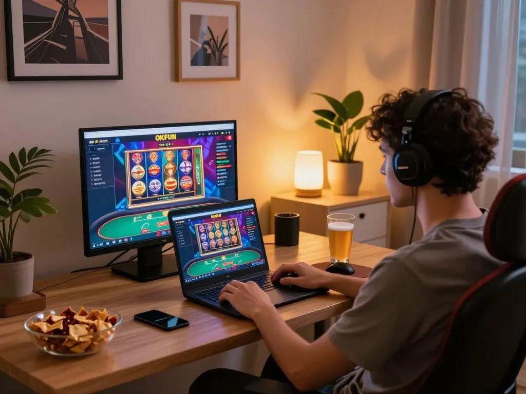 Person enjoying online gambling on OKFUN from a cozy home setup with colorful game display.
