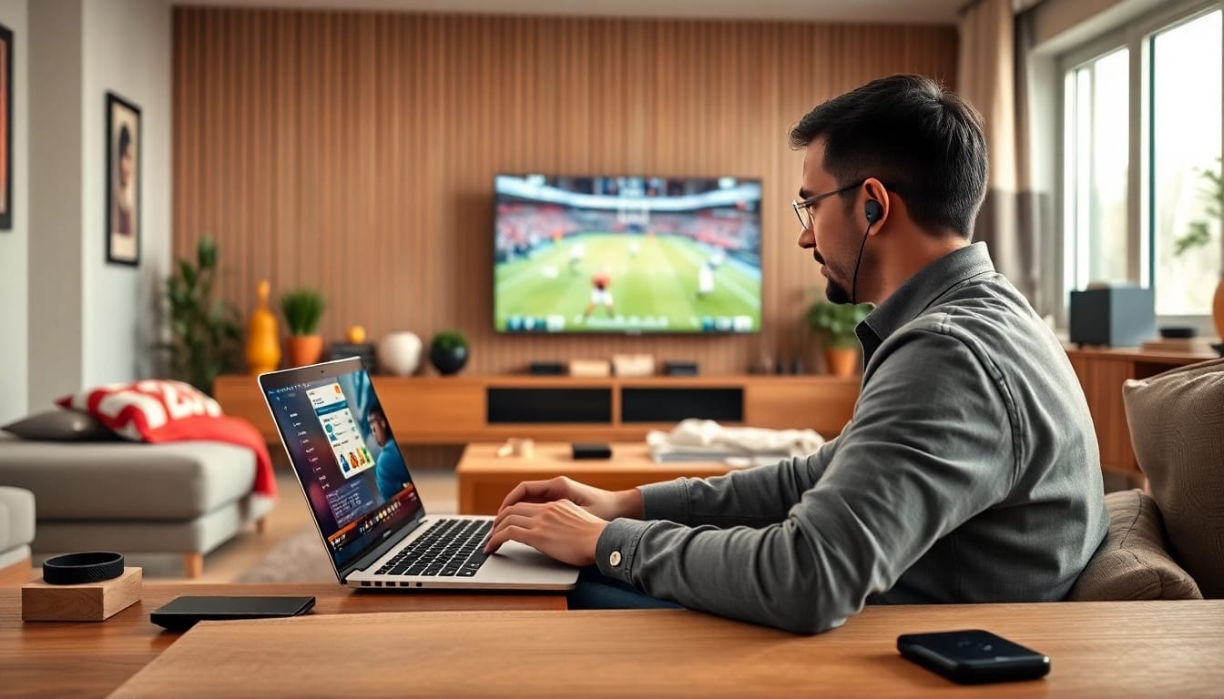 Engaging in online Betting activities with a modern laptop in a cozy living room.