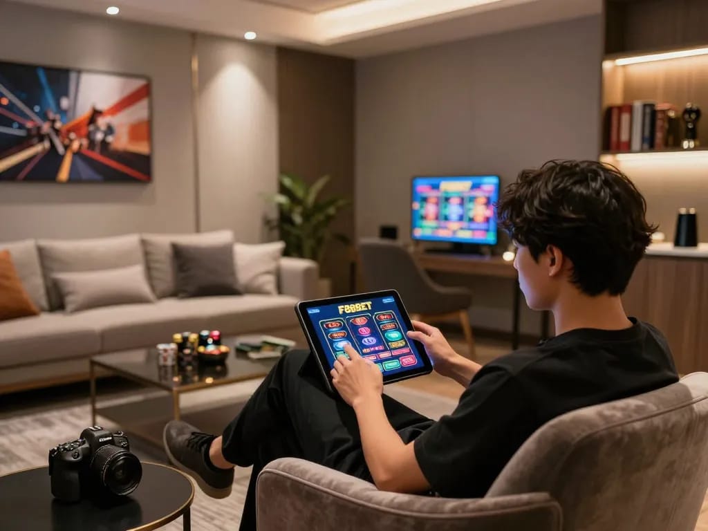 Player enjoying F88BET's online casino games on tablet in a cozy home setting