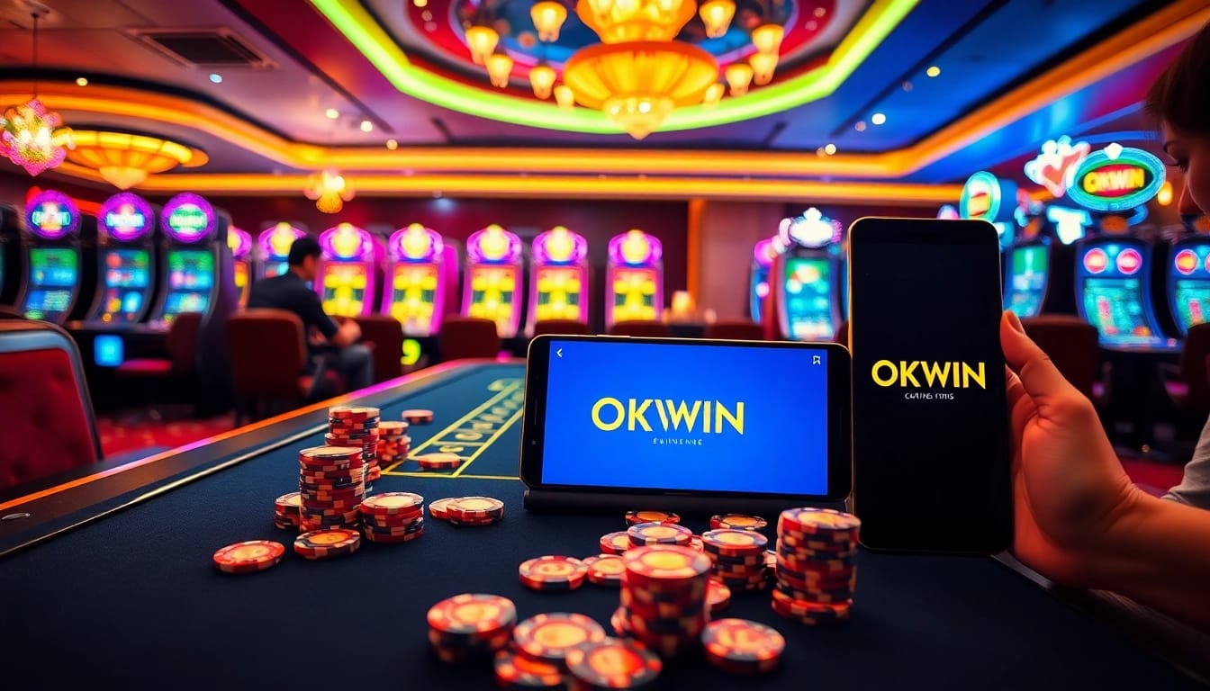 Engaging casino scene representing https://okwin.blog/ with poker chips, roulette, and online gaming elements.