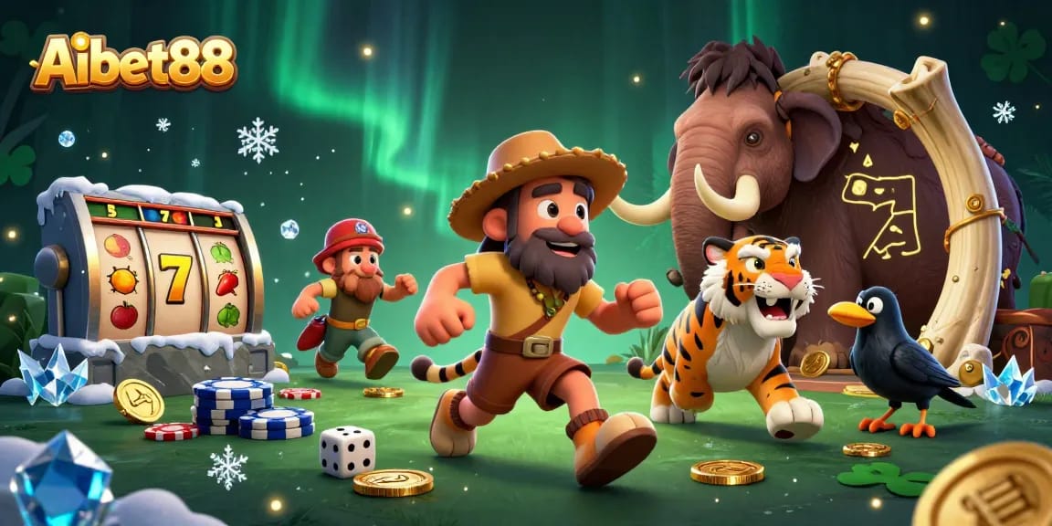 Aibet88 features a lively prehistoric casino scene with uniquely illustrated characters, slot elements, and dynamic game action.