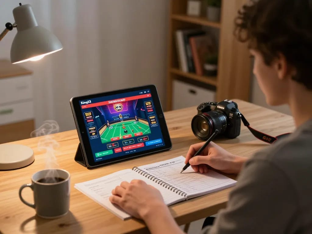Engaged player enjoying king33 with a tablet while managing their bankroll notes at home
