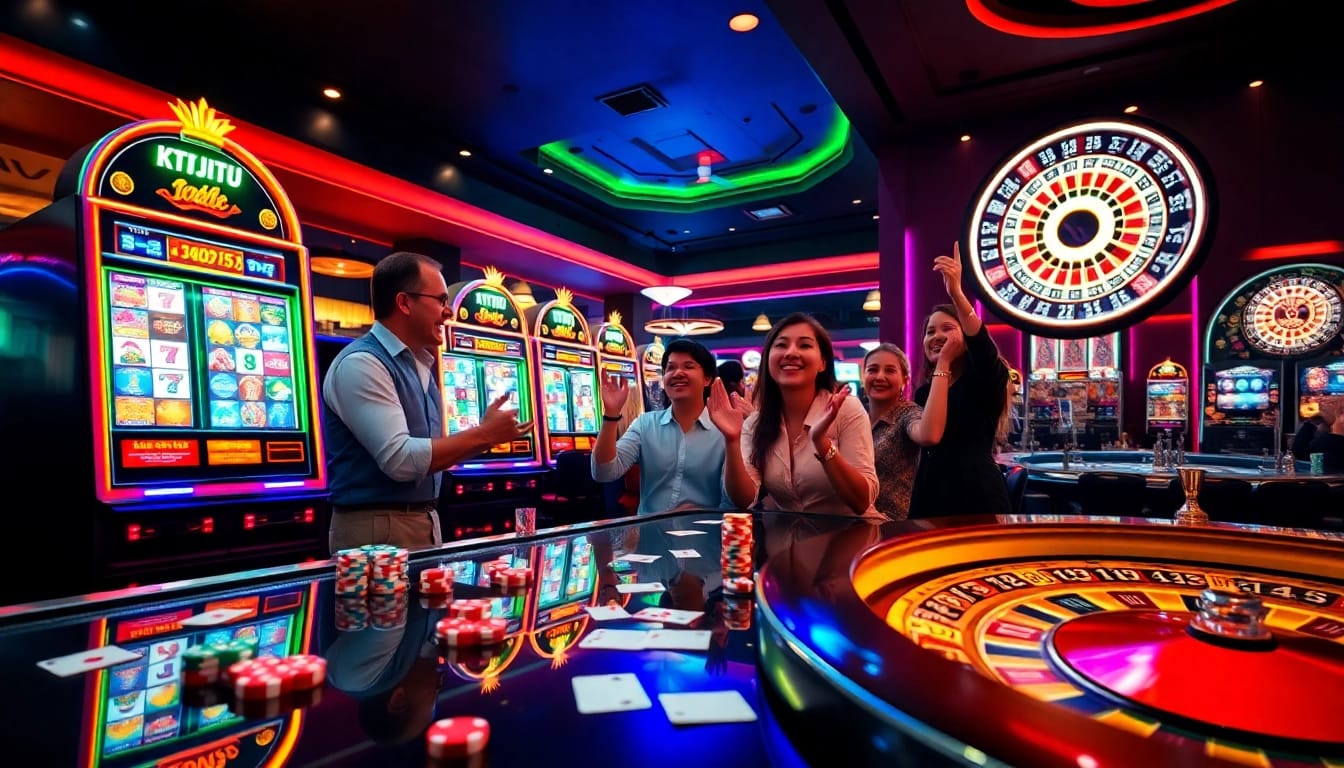 Players enjoying KTPJITU slots in a vibrant casino atmosphere with colorful machines and chips.