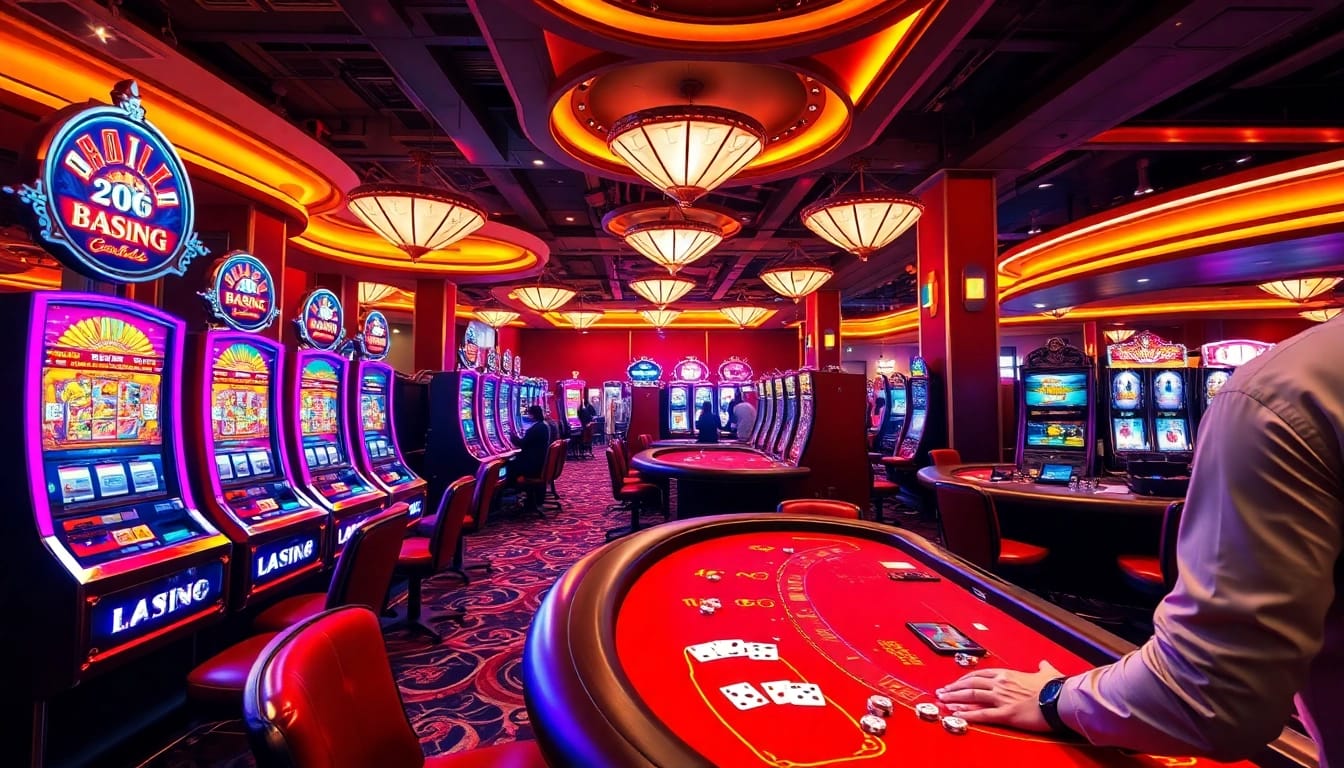 Menangkan bandar togel dalam suasana kasino yang ramai dengan dealer dan mesin slot.