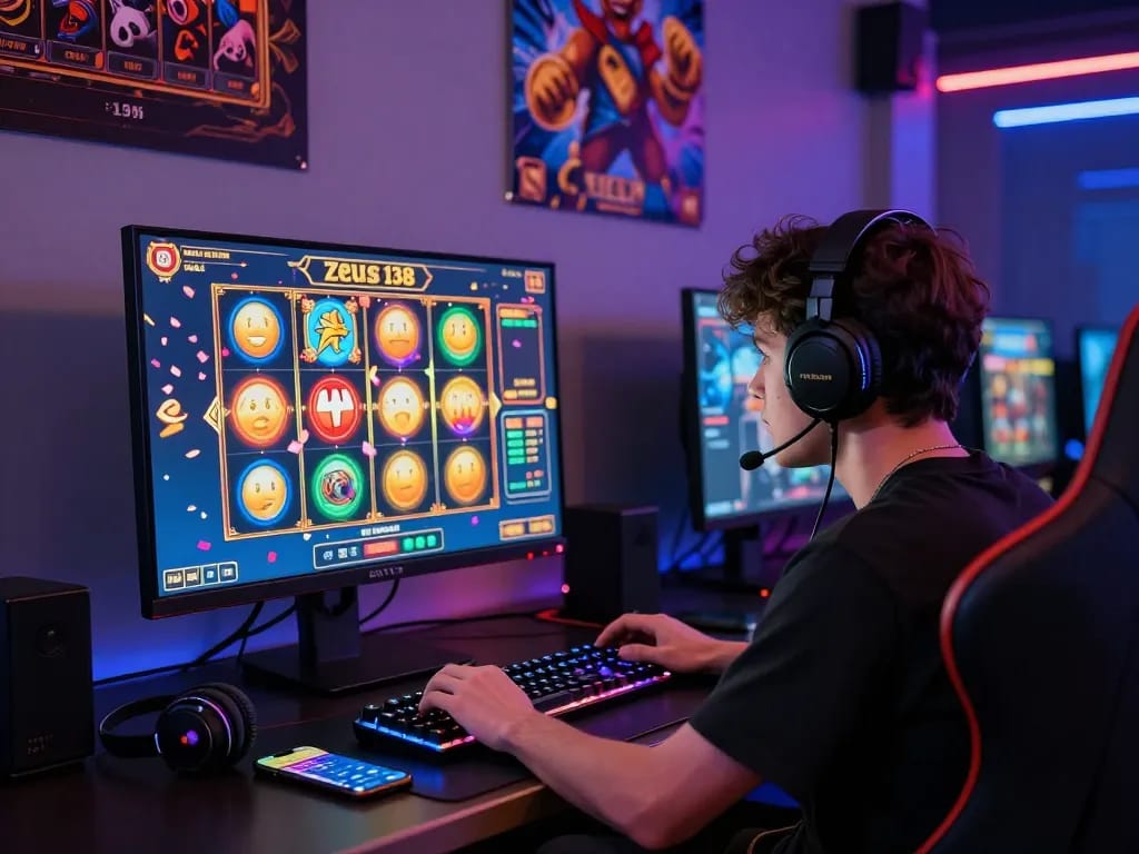 Engaged player at Zeus138 spinning slots on a vibrant gaming monitor.