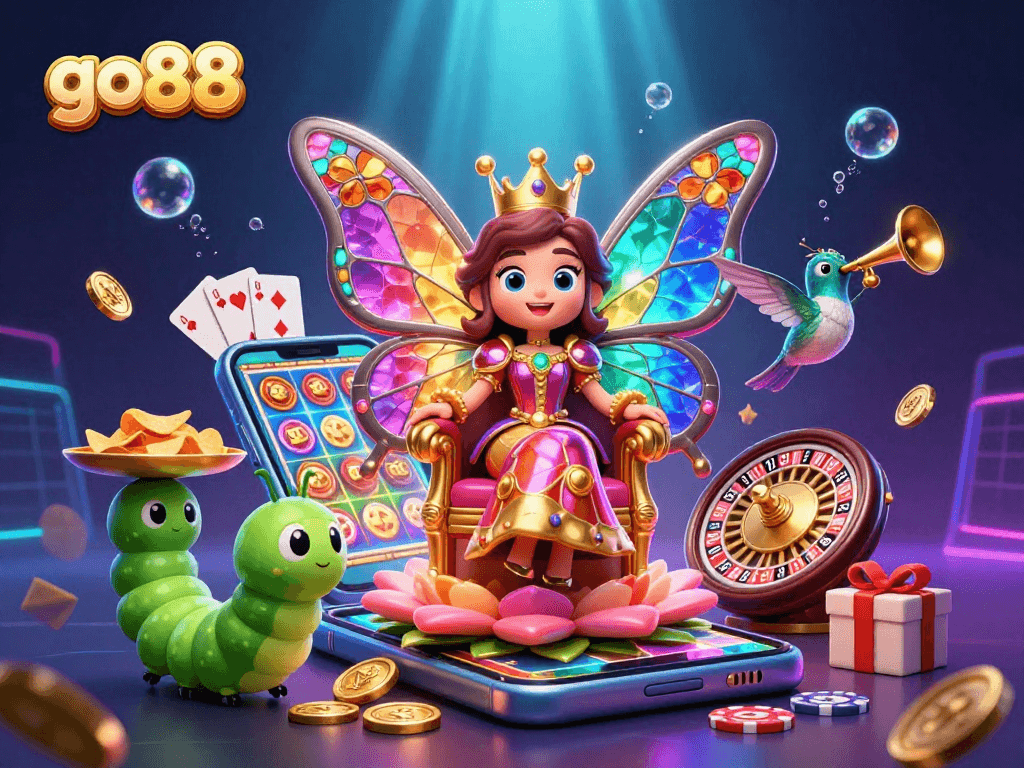 Experience thrilling gameplay with go88's vibrant 3D casino illustration featuring slots and gaming elements.